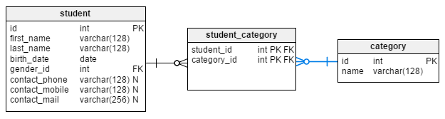 Education database model: a many-to-many relation between the ‘student’ and ‘category’ tables
