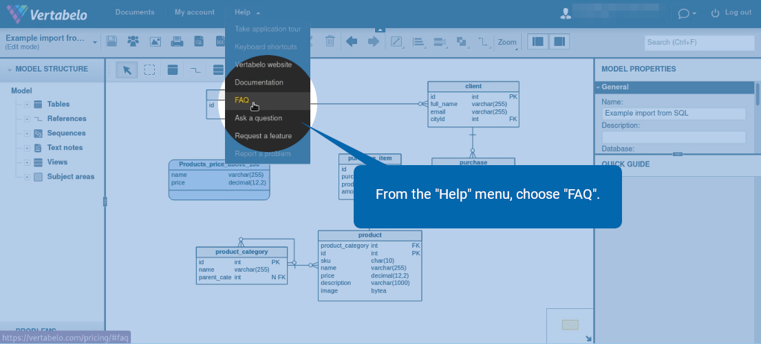 How to Get Help in Vertabelo | Vertabelo Database Modeler