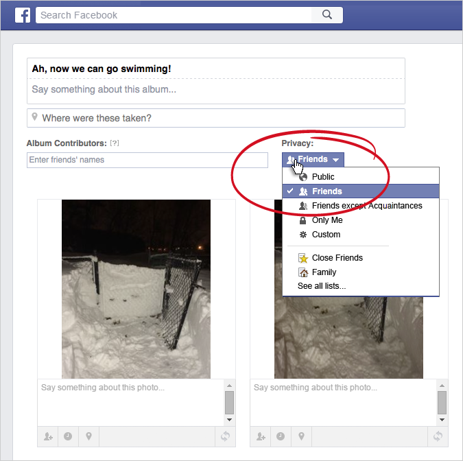 Setting privacy options for photo album on Facebook